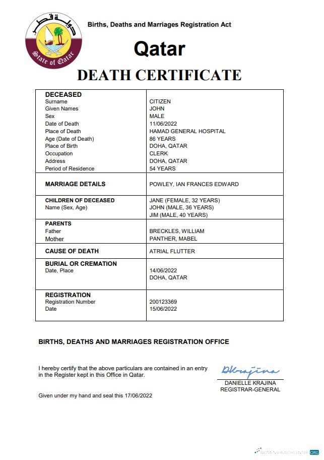Download Qatar vital record death certificate Word and PDF template Photoshop template
